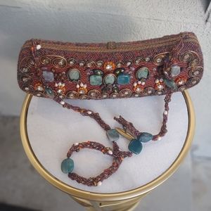 Mary Frances brown beaded/stones and pearls crossbody handbag
